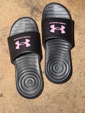 Under Armour Black Slide Sandals with Pink Logo - Women's